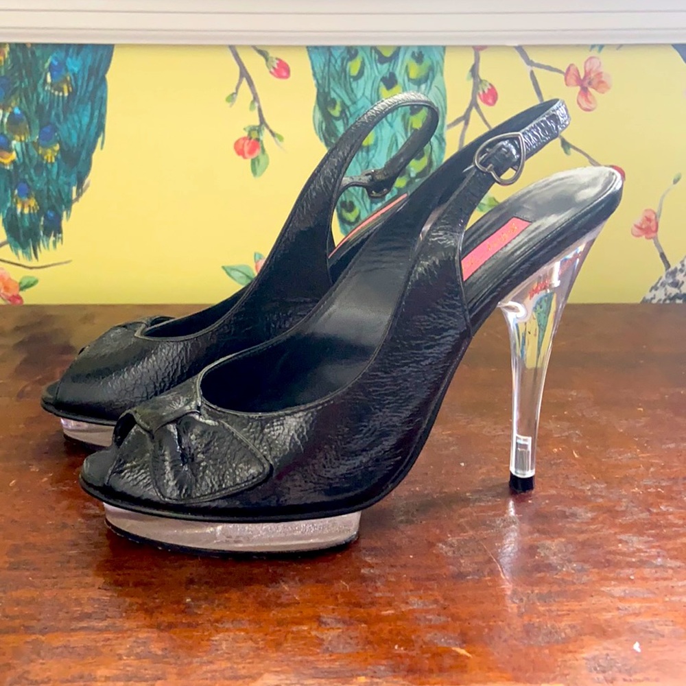 Betsey Johnson Black Leather Clear Heel Slingback Size 6 Good Condition